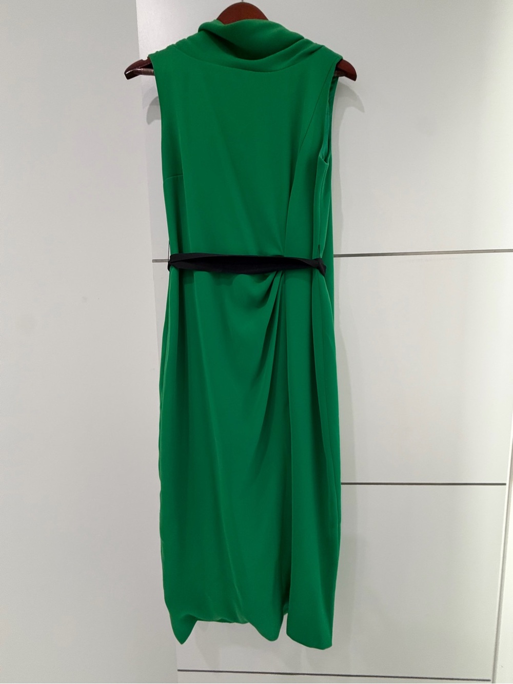 Carolina Herrera Sleeveless Green Draped Midi Dress with Black Waist Tie